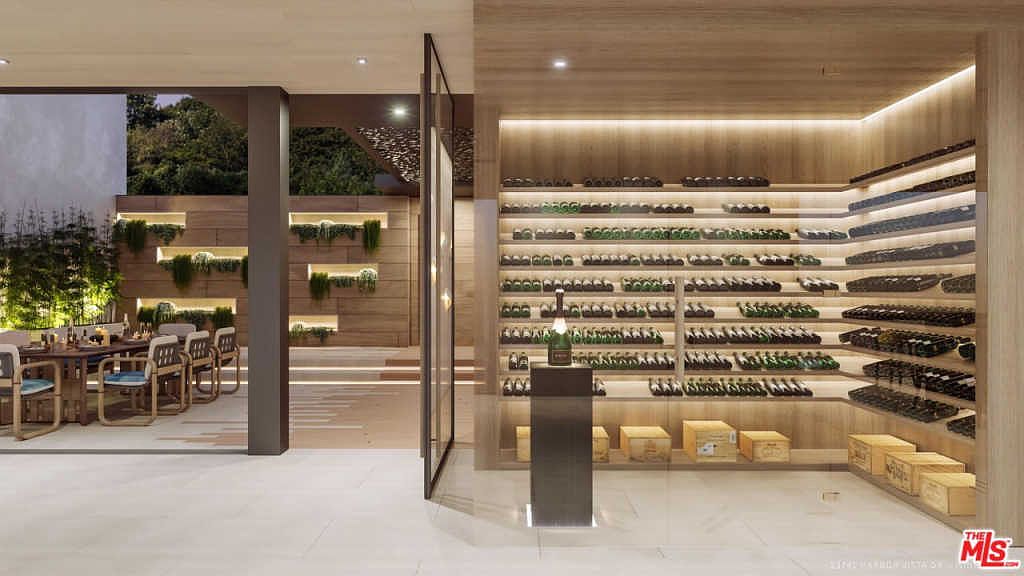 Glass-walled wine room off the dining area