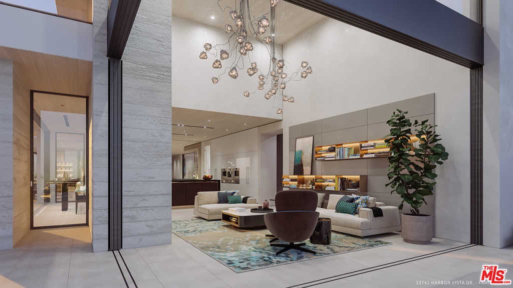 Living room with sculptural pendant chandelier